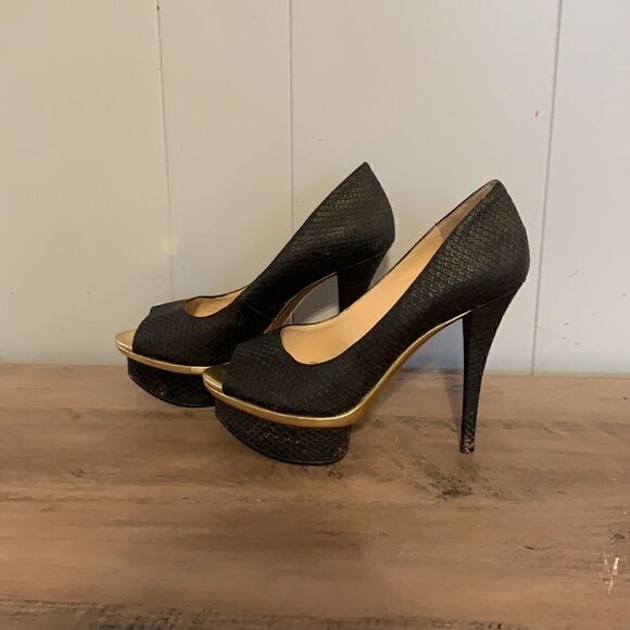 Enzo Angiolini Black & Gold Snakeskin Platform Heels Size 6.5 - Picture 3 of 4